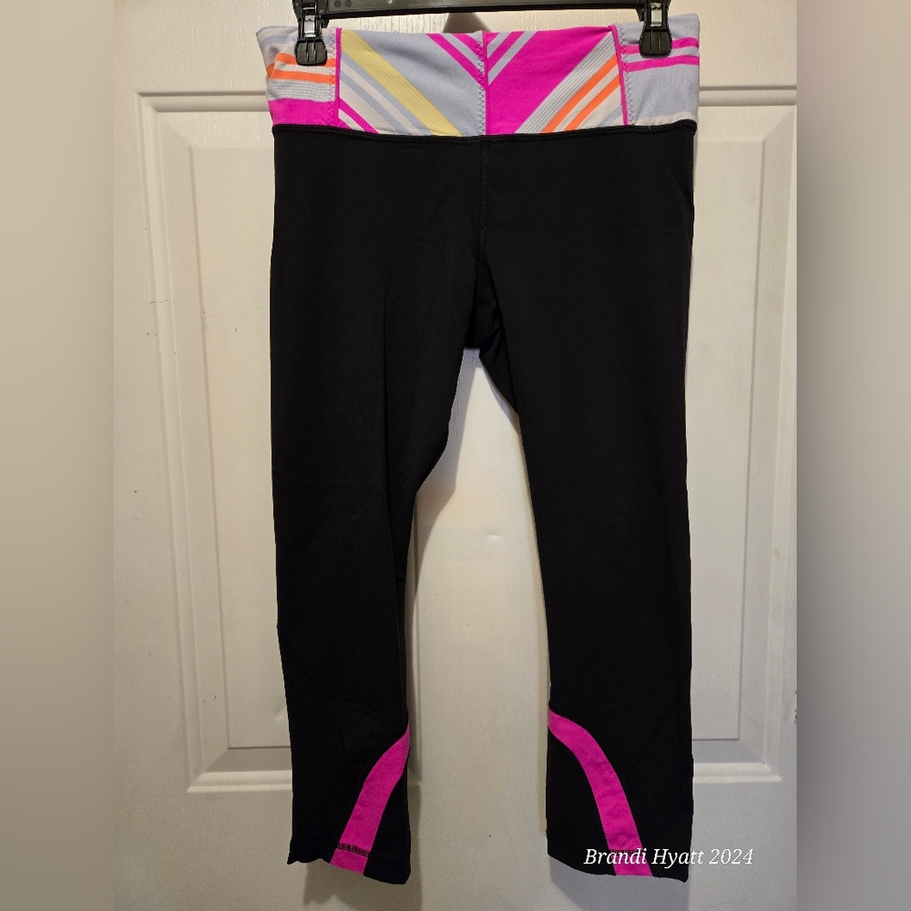 Lululemon Exercise Workout Inspire Crops Striped Waist Leggings Neon